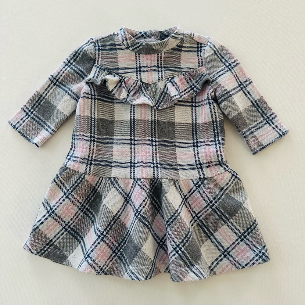 Janie and Jack 12-18 Months Baby Girl Gray Pink Plaid Ruffle Dress